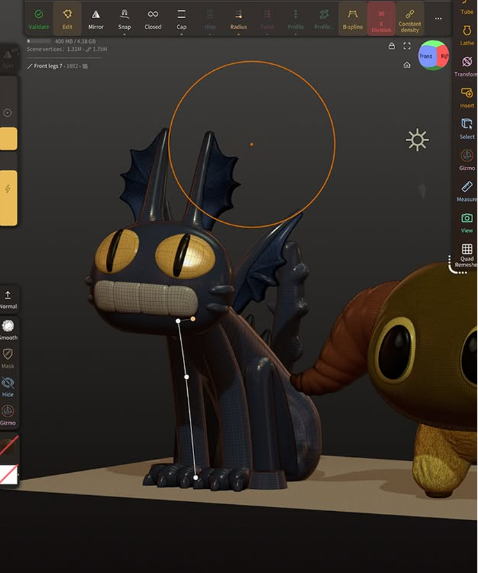 3D sculpting software showing dark winged cat dragon model